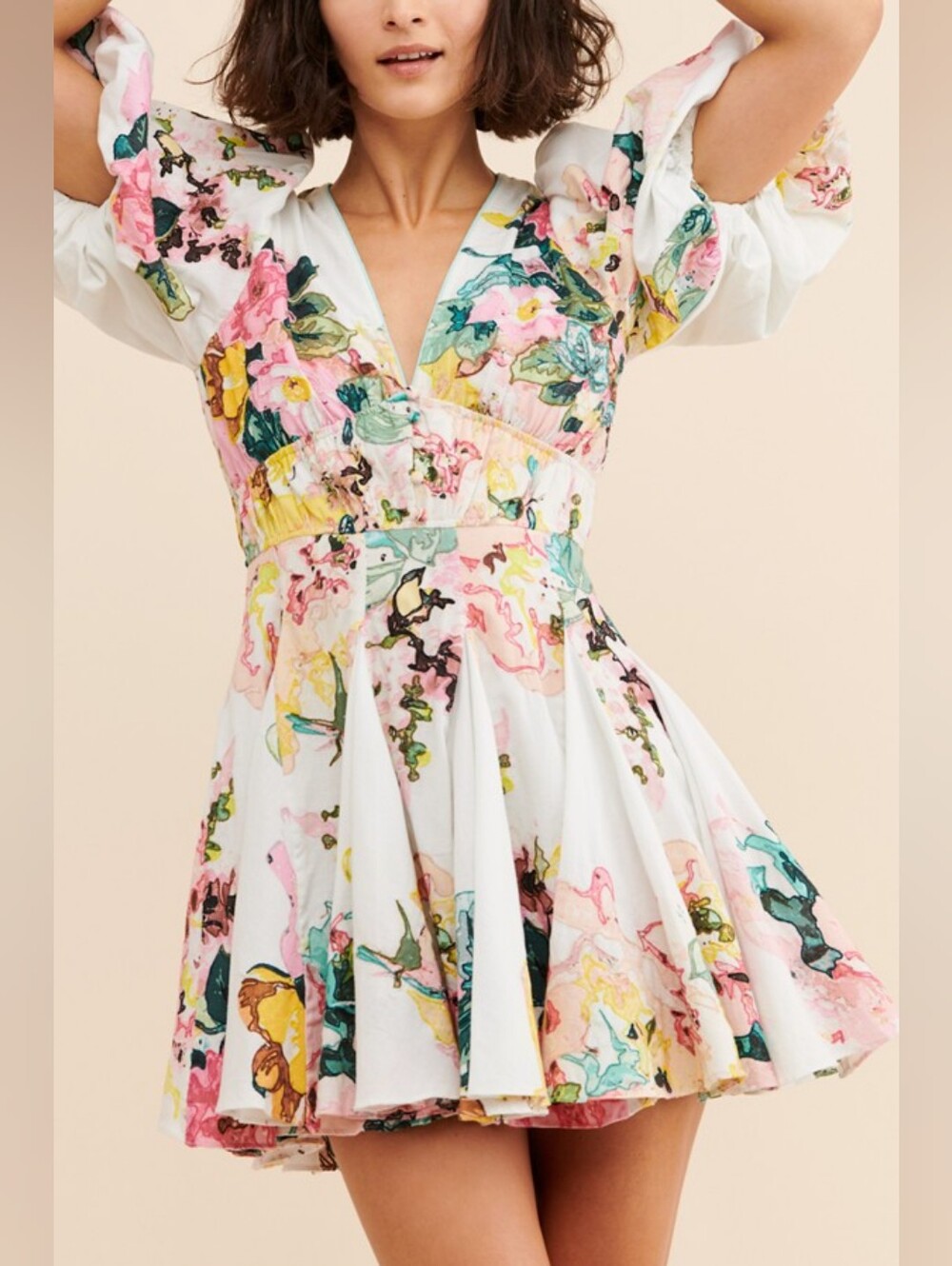 Hemant & Nandita Pastel Watercolored Floral Teien Puff Sleeve Mini Dress